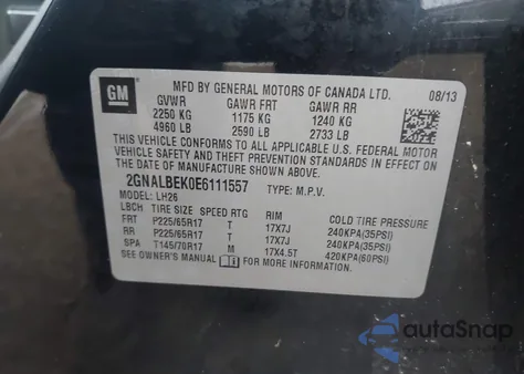 2014 Chevrolet Equinox 1Lt from USA, damaged, VIN 2GNALBEK0E6111557